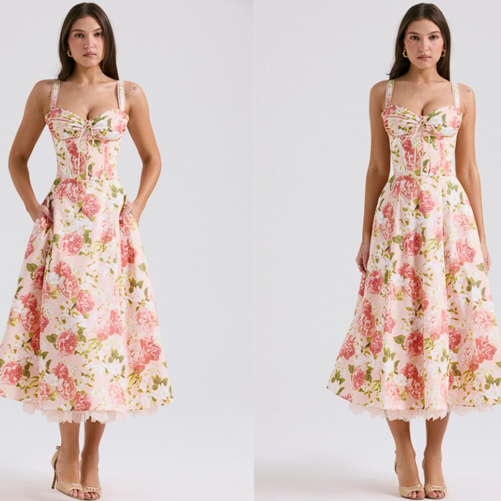 House of CB 'Rosalee' Pink Peony Print Cotton Bustier Sundress NWOT - Picture 2 of 8